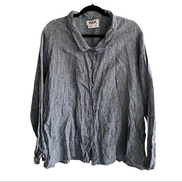 FLAX Linen Oversized Button Front Blouse Blue L - Picture 1 of 6